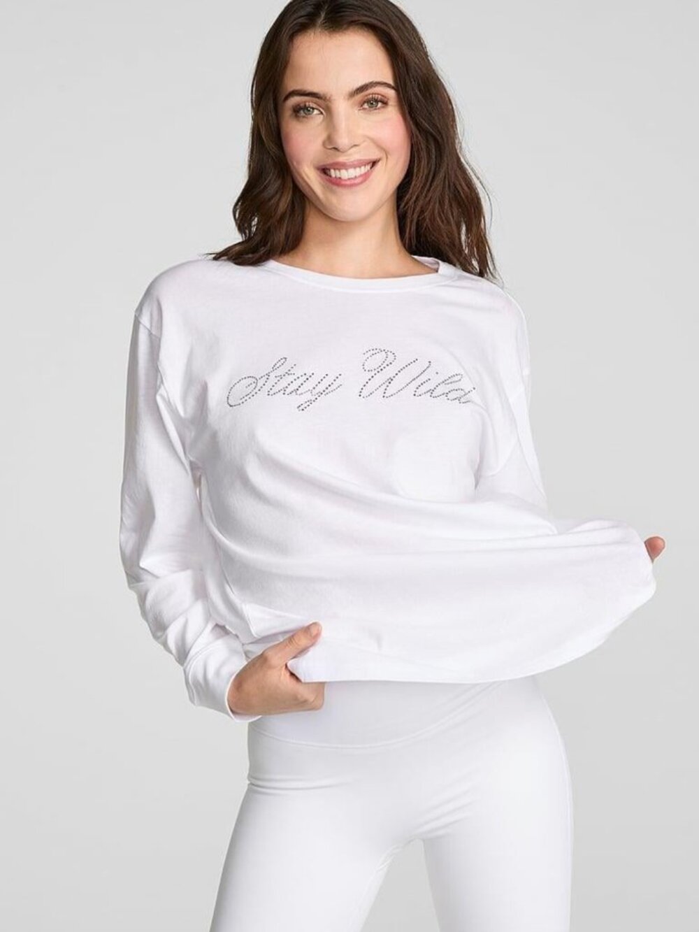 PINK VS White Campus Cotton Long Sleeve TEE Rhinestones " Stay Wild" Small NWT
